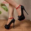 Mote Aphixta Hot Sale Party Disco Dans Peep Toe Pumps Damer 5,5 cm Plattform Rød Belte Spenne Superhøye Tynne Hæler Pumps Stor Størrelse 46