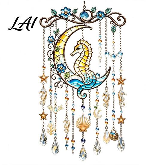 Balcony Hanging Decor Ocean-Themed Wind Chime Decoration Animal Sun Catcher with Faux Crystal Drops Tropical Fish Garden Decoration Stained