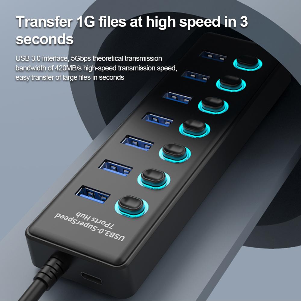 KEBIDUMEI USB HUB 7 Ports USB3.0 Splitter 5Gbps with Individual Switch Power Adapter for Laptop USB Ports Extender USB-C Docking