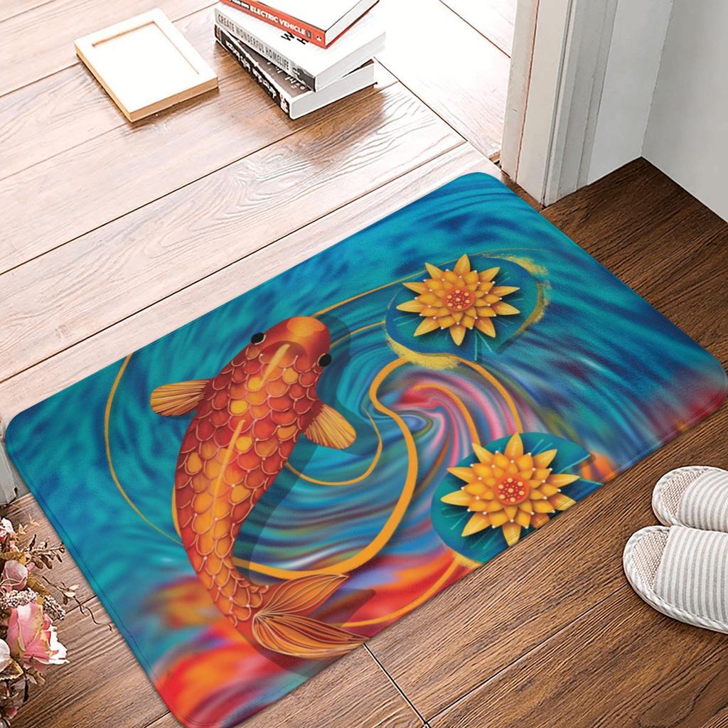 Koi Fish Sakura Blossom In Turquoise Doormat Mat Anti-Slip Cherry Flower Floral Kitchen Bath Garage Rug Carpet 40*60cm