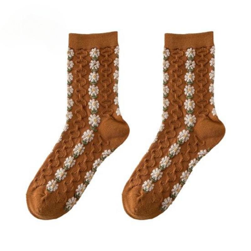 5 Pairs  Autumn and Winter Women Applique Flower Vintage Mid-tube Warm Socks Thick Anti-slip Soft High Elasticity Sock