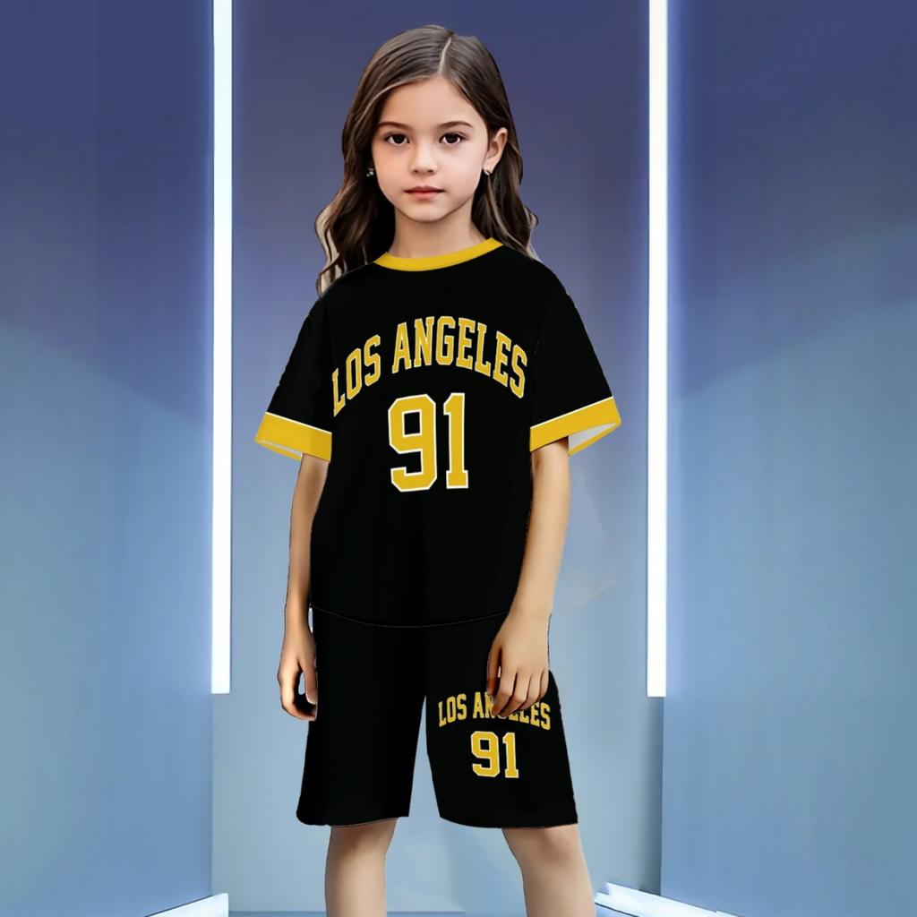 Unisex Kids' Sport Set with Letter Print, Short Sleeve Top and Pants, Round Neck Casual Outfit