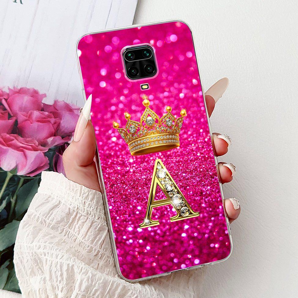 Clear Cover For Xiaomi Redmi Note 9s Case Fashion Luxury A-Z Letters Crown Soft TPU Phone Case M2003J6A1G