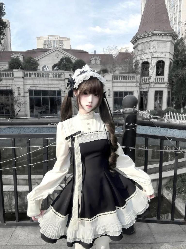 MODKOKU Gotické vrstvené šaty Lolita z umělé kůže s mašlí v pase a úhledným a mini roztomilým francouzským dívčím Halloween aristokratickým dámským dlouhým šatem XL, Dámské