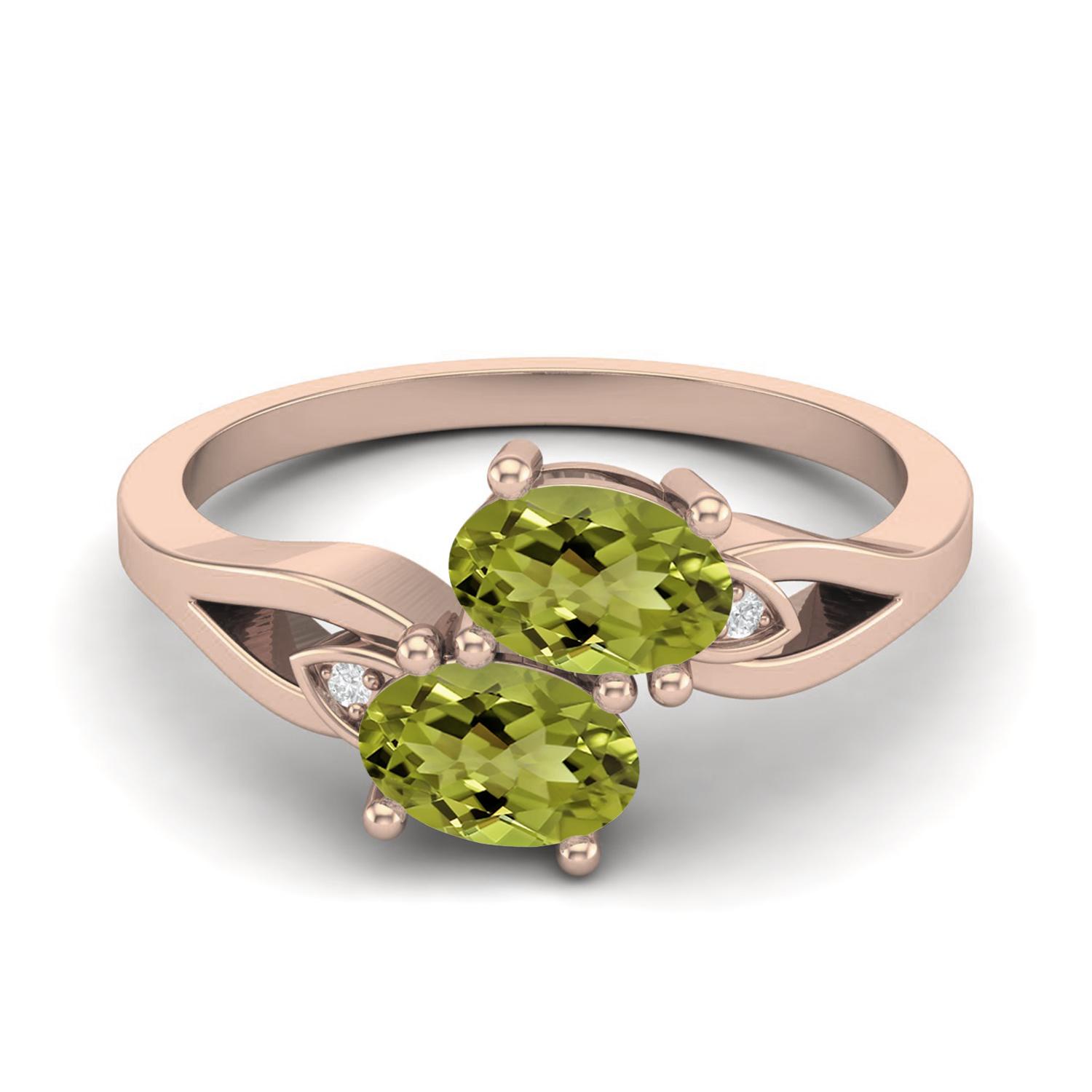 6X4mm Oval Peridot 925 Sterling Silver Rose Vermeil Dual Stone Bypass Women Engagement Ring 10