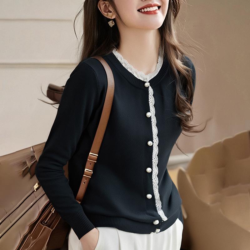 Real spring and autumn new round neck knitted sweater women's clothing fungus edge top