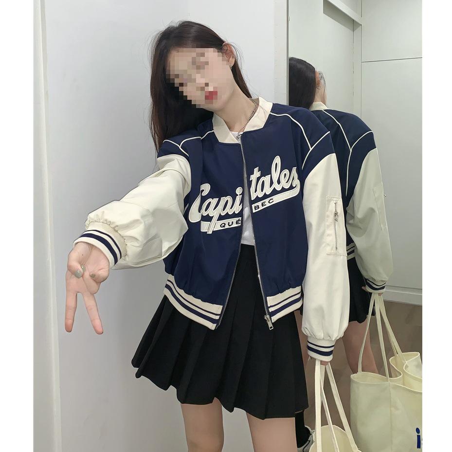 Women s 2023 Retro Color Block Long Sleeve Cropped Baseball Jacket Large