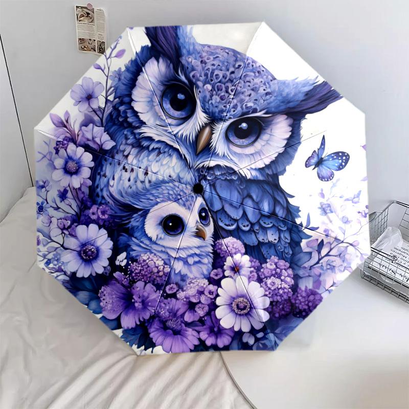 Flower Owl pattern, automatic folding umbrella, portable and foldable design, 8 ribs, a Christmas or birthday gift.