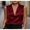 Damen Unifarben Satin V-Ausschnitt Ärmellos Lässig Bluse Top