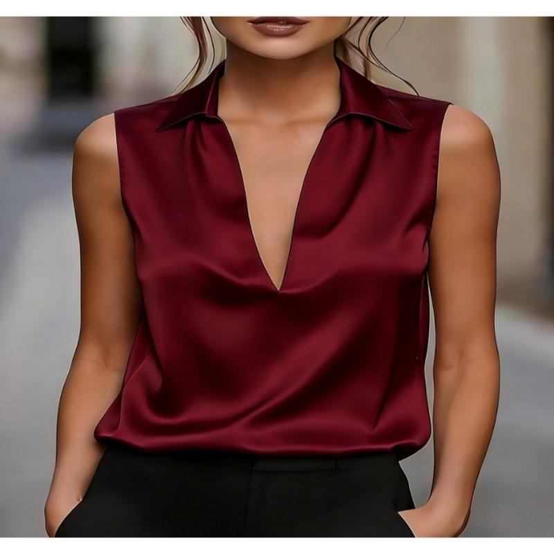 Damen Unifarben Satin V-Ausschnitt Ärmellos Lässig Bluse Top