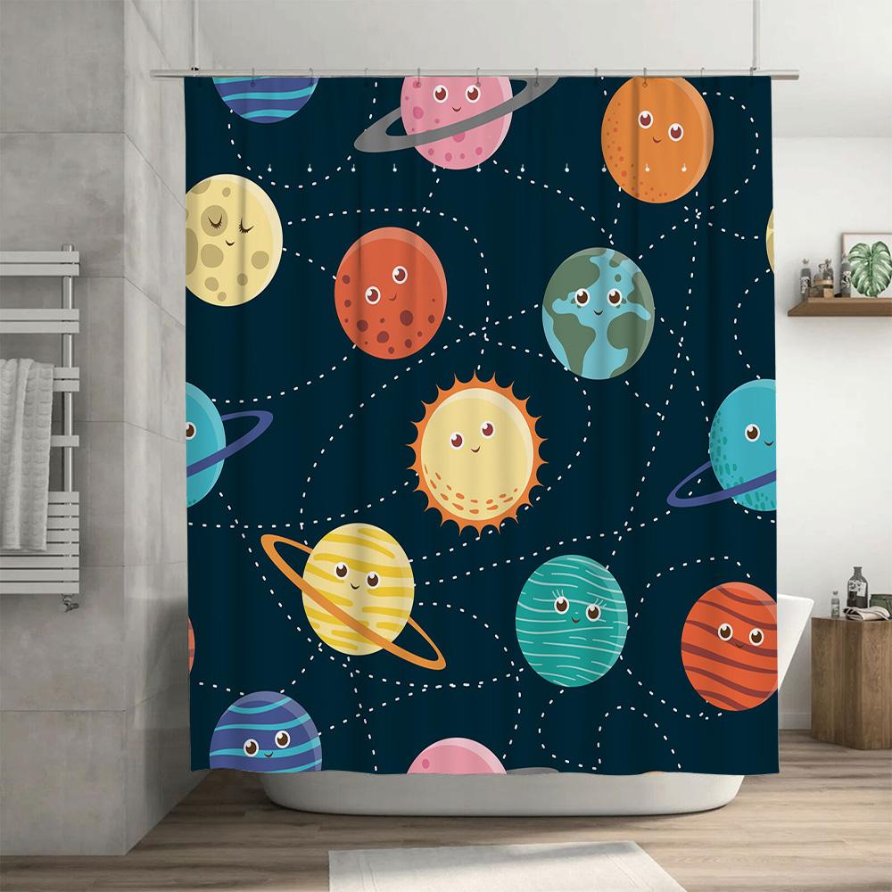 Space Planet Sun Moon Shower Curtain Cartoon Print Waterproof Fabric Bathroom Decorations Dark Blue Color Home Decoration Gift