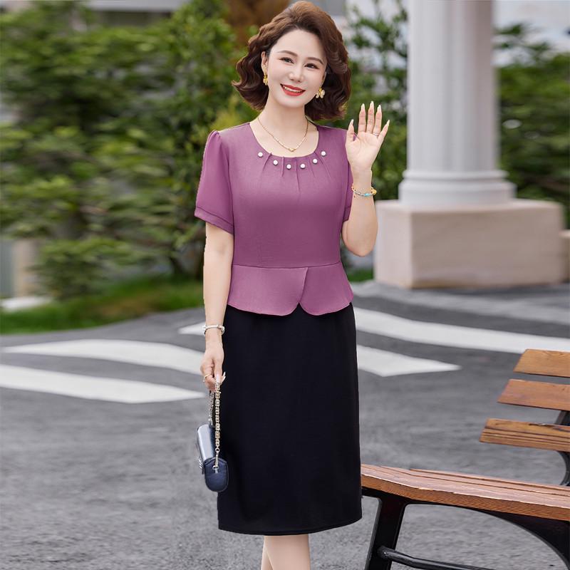 

Elegant Summer 2026 Two-Piece Chiffon Dress for Middle-Aged and Elderly Women, Short-Sleeved 5XL [145-155 lbs]
