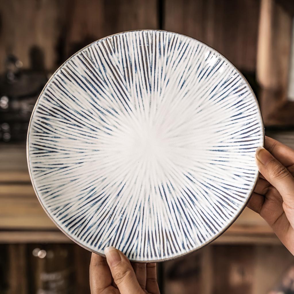 Creative Blue Striped Plate Japanese Ceramic Plate Household Round Plate Tableware Plate Western Pasta Plate