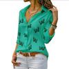 Solid Color Plus Size Women Butterfly Print Chiffon Blouse Long Sleeve Turn Down Collar Button Up Tops