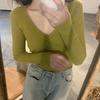 Otoño Invierno mujer cuello en V Color sólido manga larga plisado parte inferior de punto suéter elegante