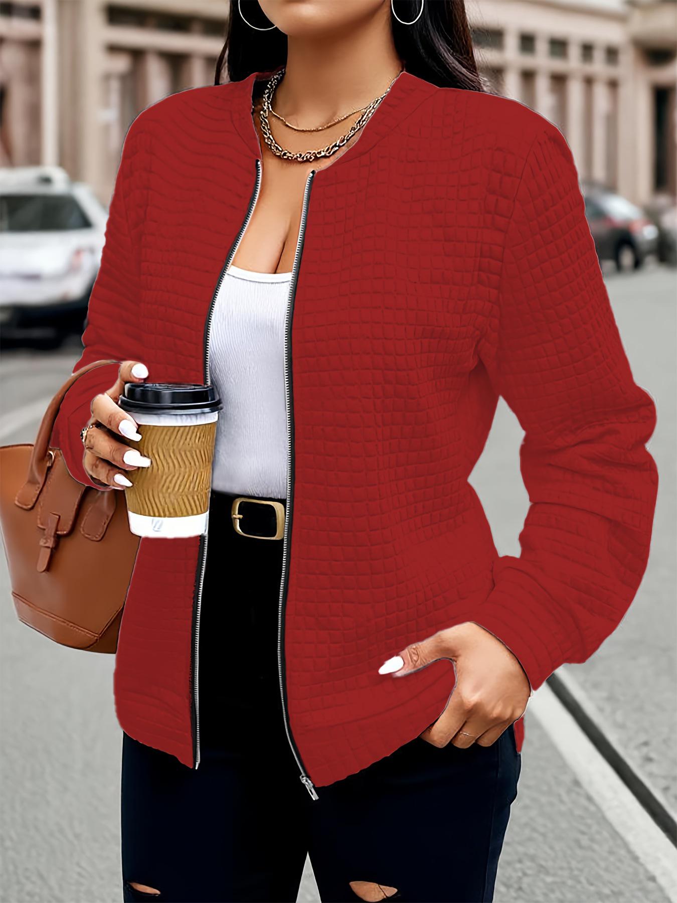 

2026 Plus Size Women s Plaid Zipper Jacket - Solid Color 5XL красный
