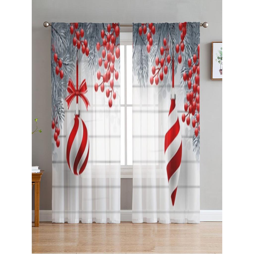 Christmas Decoration Balls And Berries Sheer Curtains For Living Room Bedroom Balcony Transparent Window Blinds Kitchen Drapes