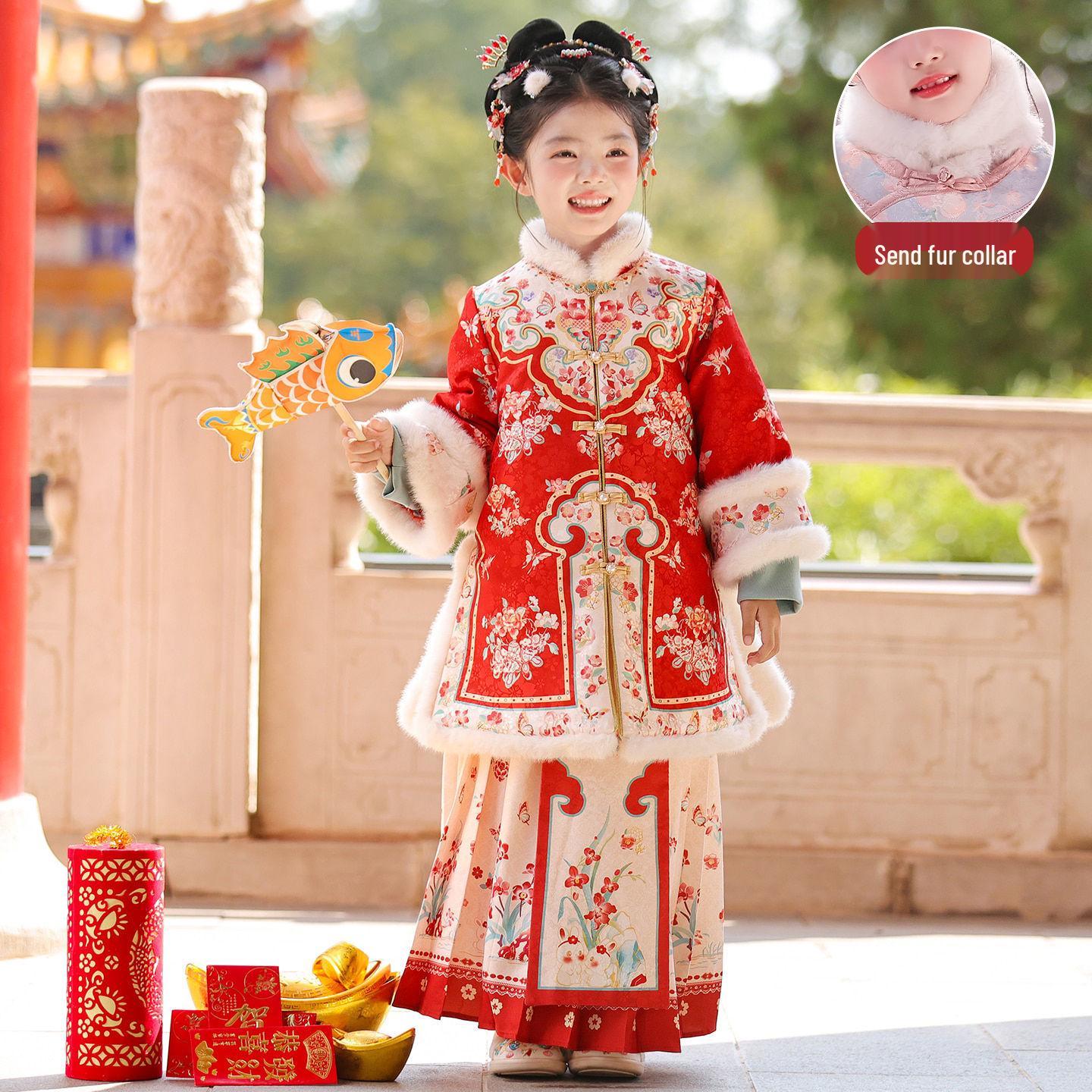 Girls  Winter Hanfu Set: Thickened Ming Dynasty Style Mamian Costume for New Year 120