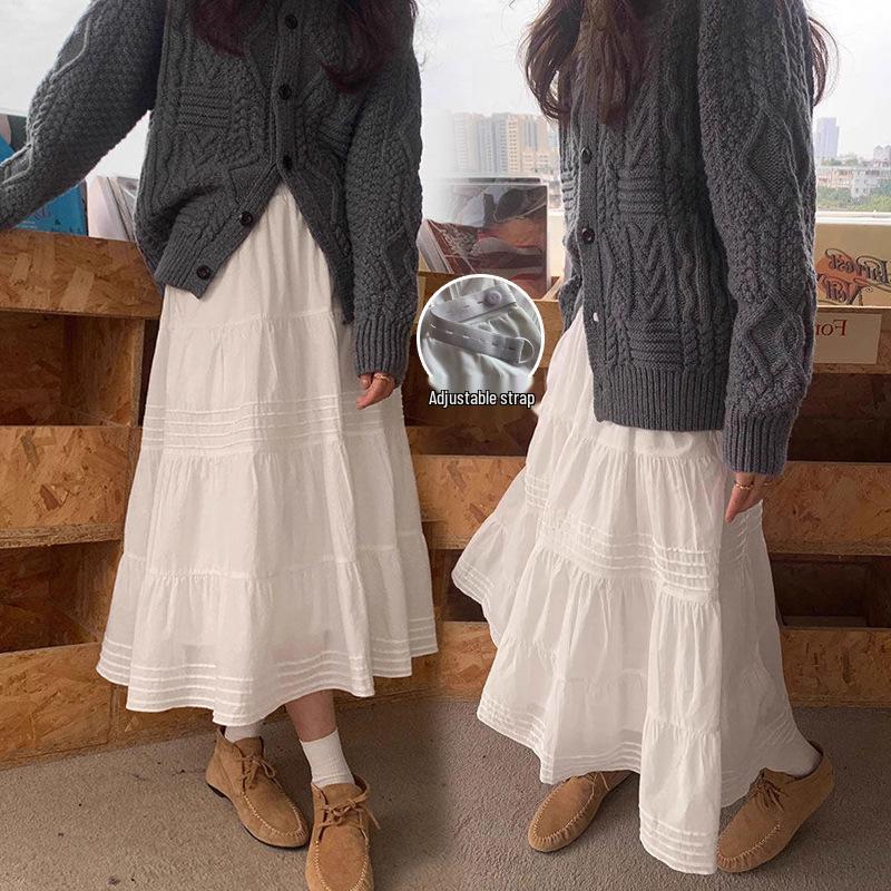 

2026 Spring/Summer White A-line Umbrella Skirt for Petite Pregnant Women - High Waist Mid-length Cake Skirt L білий