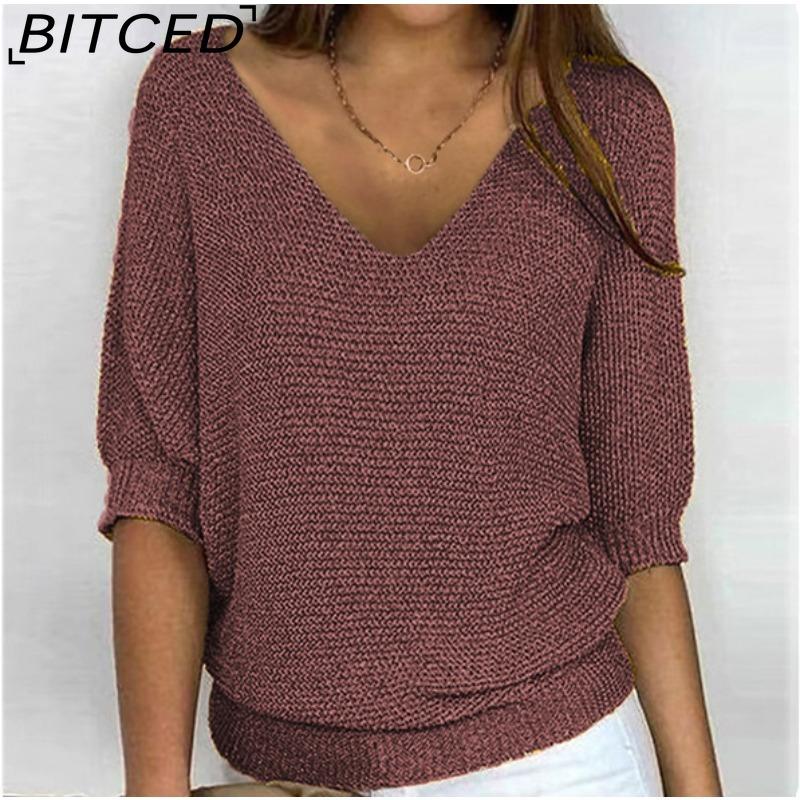 

BITCED Spring Solid-Color V-Neck Knit Top for Women Elegant 3/4 Sleeve Blouse for Commuting Air-Conditioned Office Wear XXXXXL темно-коричневого