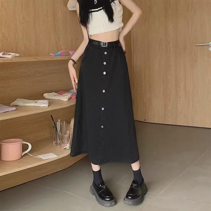 2024 Summer Black High-Waist Denim A-Line Skirt for Women - Available In Large & Small Sizes