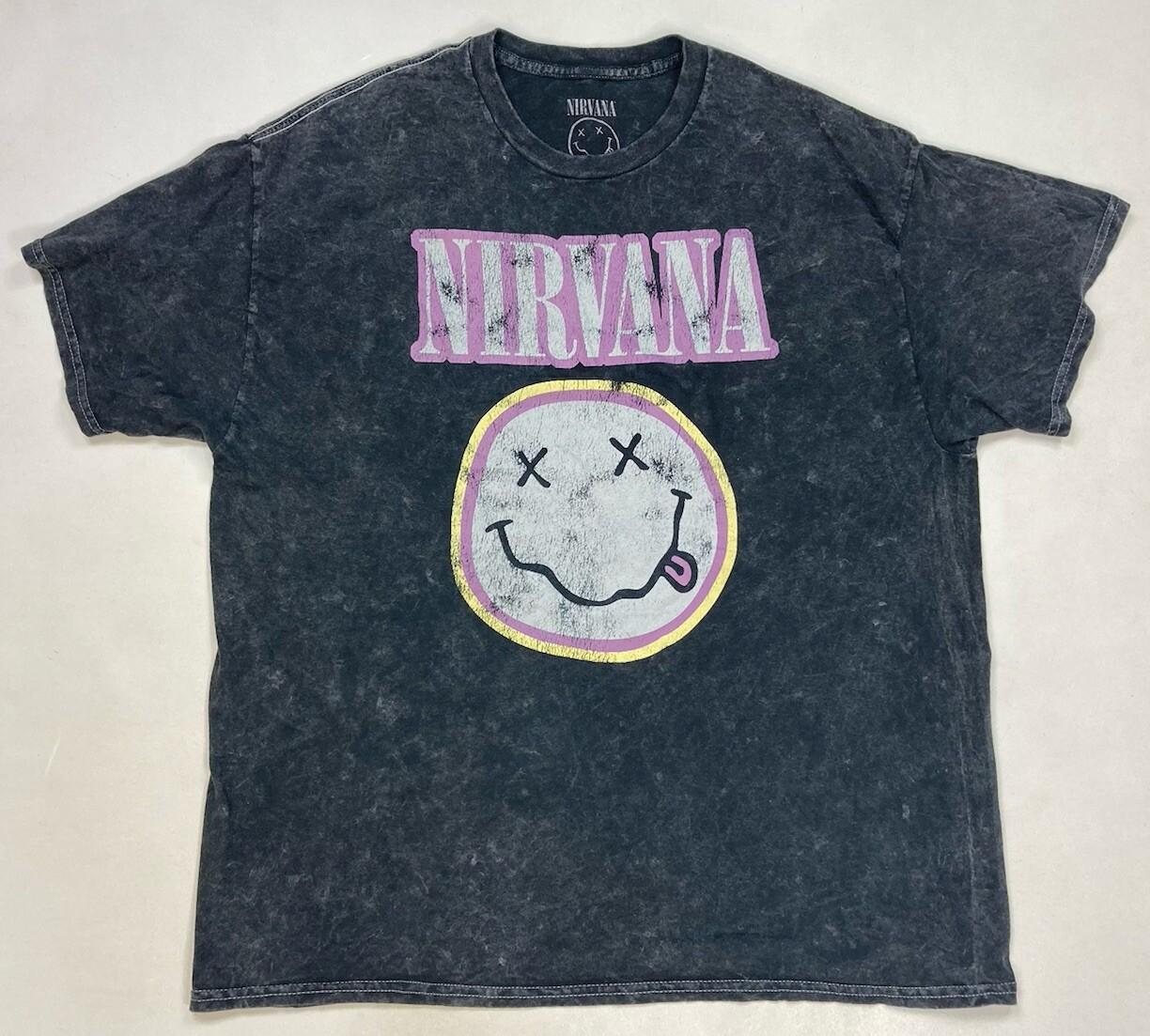 Nirvana Happy Face Graphic T-shirt Men XL Black Acid Wash Short Sleeve Music M