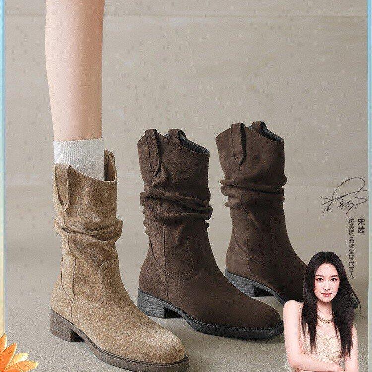 Amano Pile Boots Women's Summer 2025 New Merad Western Cowboy Boots Medium Boots Martin Boots Spring and Autumn