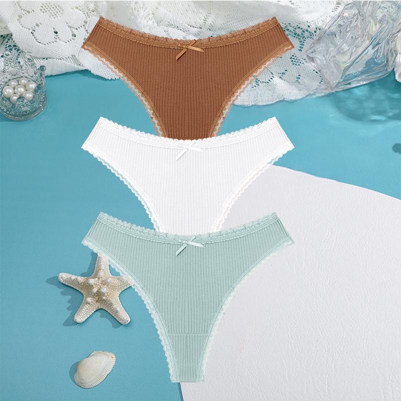FINETOO 3PCS/Set Women Cotton Panties 5 Solid Color Low Waist Threaded G-string Lingerie Fashion Sexy thongBreathable Underpants