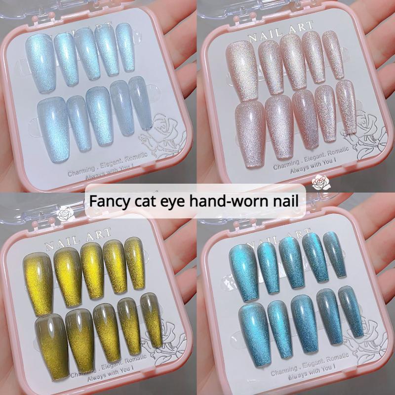 Green Cat Eye Fake Nails, Reflective Glitter Nail Design, Gloss Glue Nails, Fully Covered Short Square Fake Nails, Suitable for Women and Girls