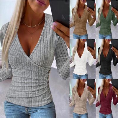 Γυναικεία Φθινοπωρινά Μονόχρωμα Τοπ Βαθύ V-neck Μπλούζα Εφαρμοστό Μακρυμάνικο T-shirt