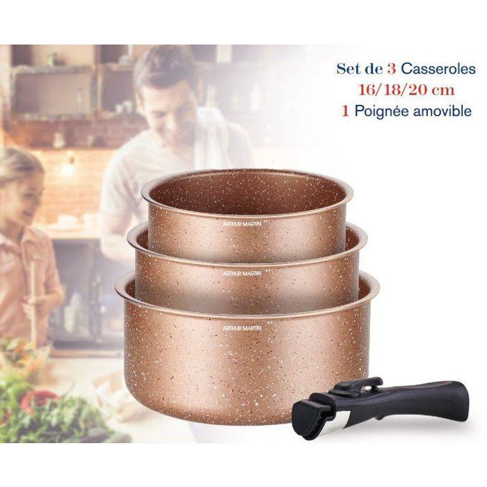 Set of 3 Saucepans - All Hobs Including Induction - ARTHUR MARTIN - AM2366 - Ø 16, 18 and 20 Cm + 1 Removable Handle - Terracotta