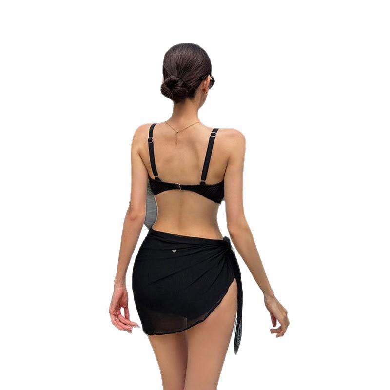 Two-piece Set Black and White 1111 Solid Color High Waist Belly Cover Conservative One-piece Swimsuit Women's Gauze Skirt Skirt
