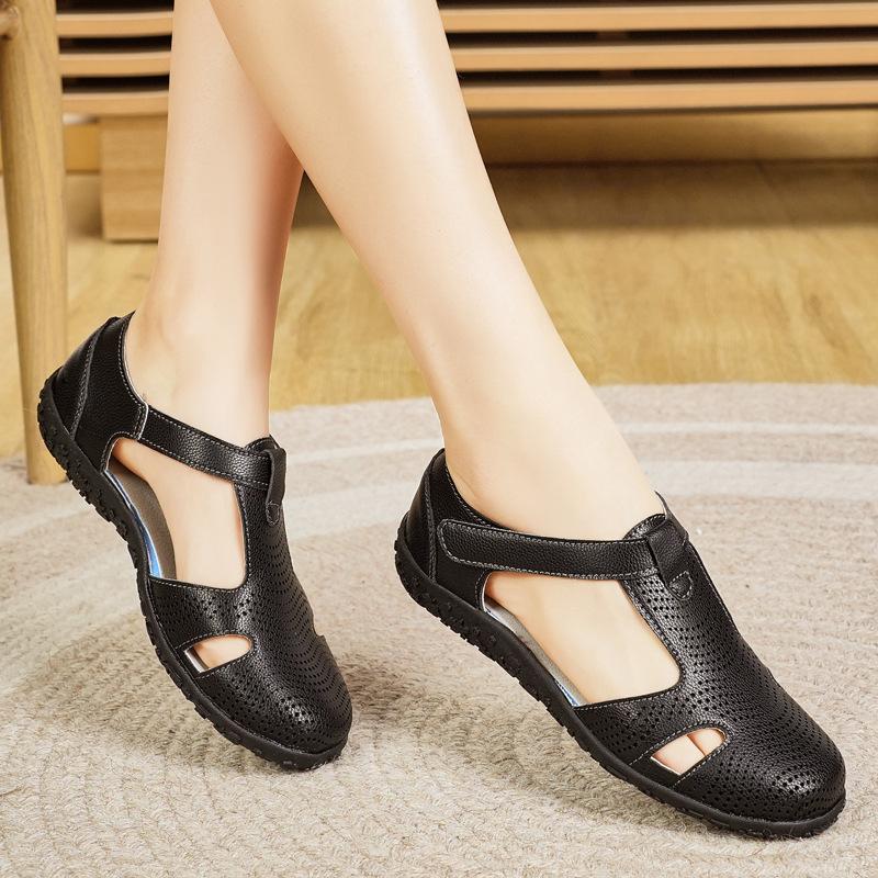 36-42 Large Size New Flat Bottom Slope Heel Baotou Sandals Women's Fashion Hollow Leather Soft Sole Soft Surface Mom Shoes