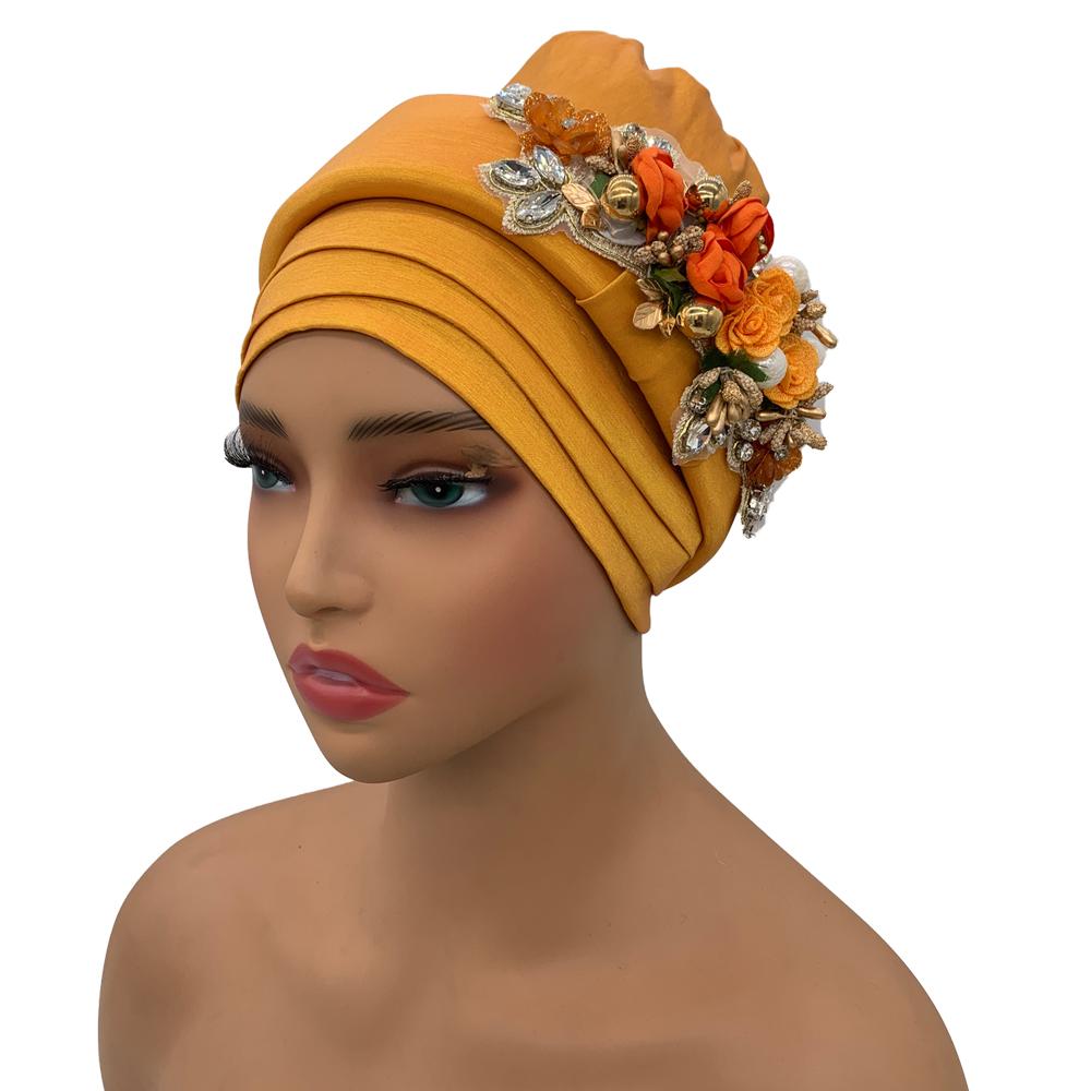 Raw Silk African Turban Cap Flower Headwrap Bonnet Nigeria Wedding Headtie Wedding Party Headgear Turbante Mujer