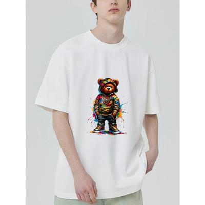 Crewneck T Shirt Black Colorful Bear Graffiti Print Streetwear Fashion Casual Wear for Men and Women