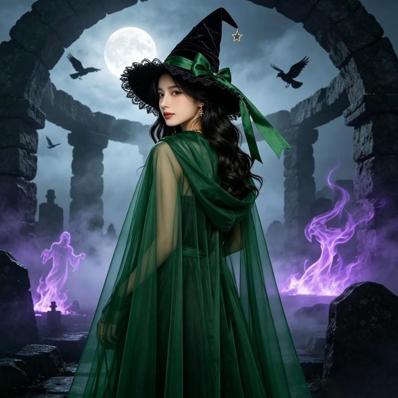 Witch Hat Cape Set Halloween Costume Party Adult Unisex Purple Black Red Green