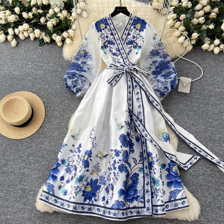 Vestido de Fiesta Boho para Mujer Impresión Floral Preciosa Gasa Manga de Farol Cierre de Cordones Cruzado Cuello en V Empalme de Banda de Satén
