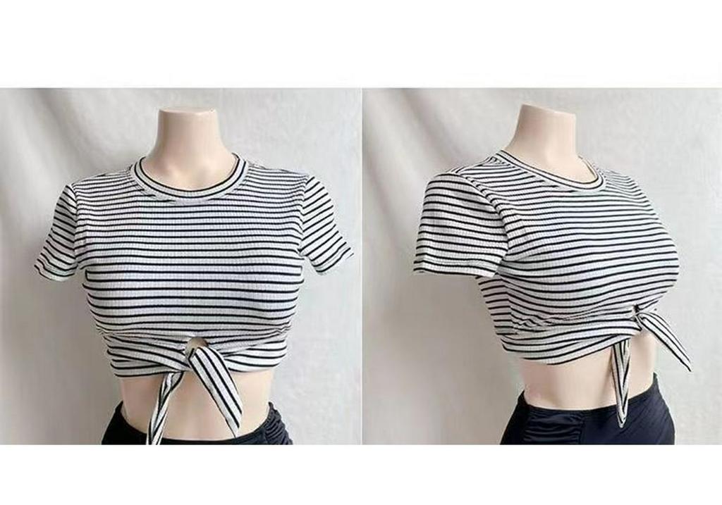 2024 Korean Style Striped High-Waisted Tummy-Covering Short Sleeve Swimsuit