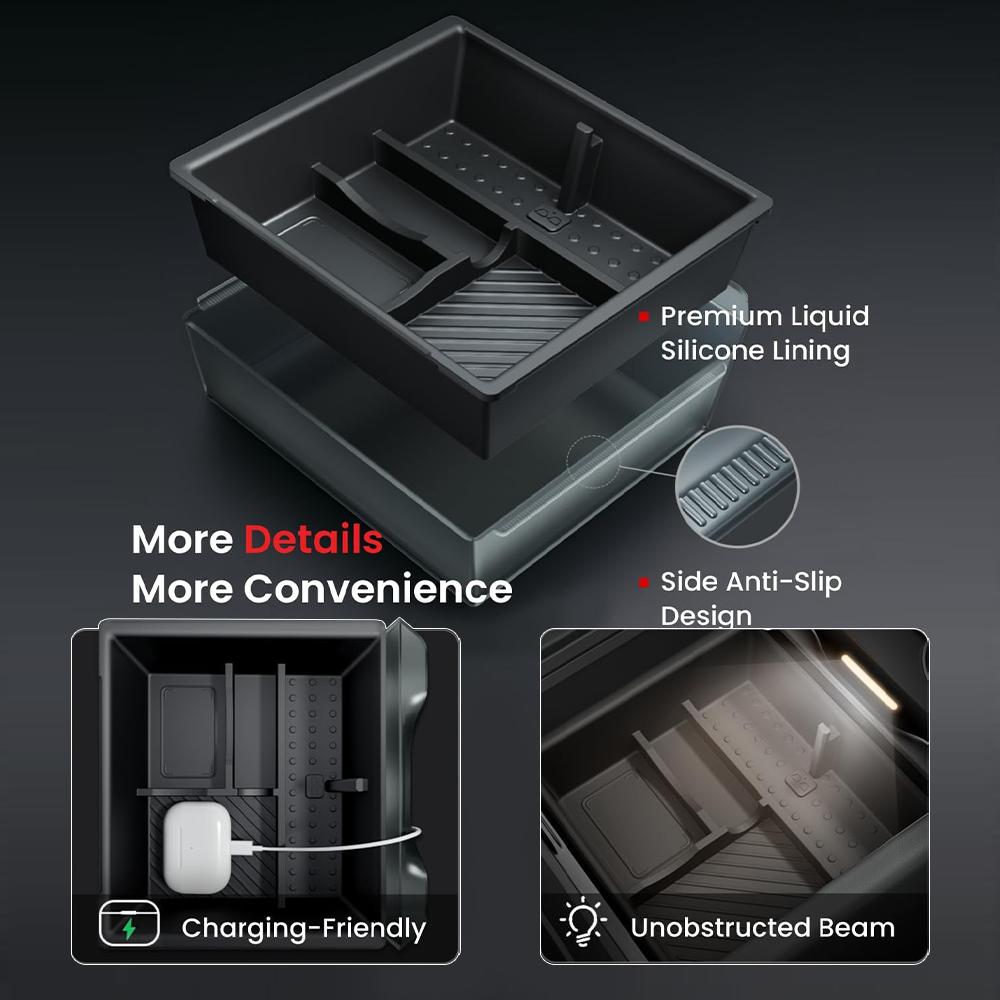Heenvn For Tesla Model Y Juniper Model 3 Highland Model YL 2026 2025 Car Console Armrest Storage Box ABS Organizer Water Cup Mat