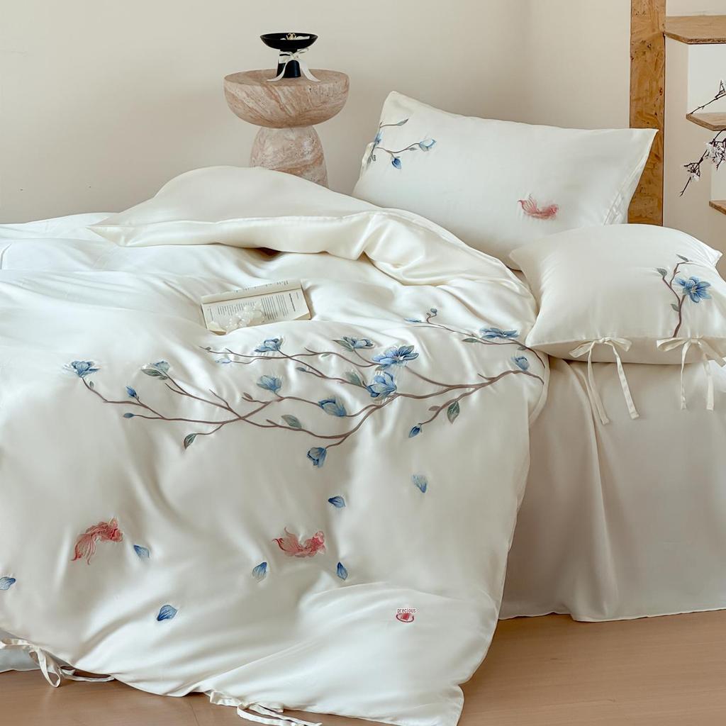 Summer Orchid Tencel Four-Piece Silk Smooth Bedding Set with Embroidered Duvet Cover