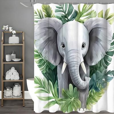 Elefant Grönt Löv Duschdraperi, Dekorativt Duschdraperi för Badrum, Vattentätt Duschdraperi med Krokar