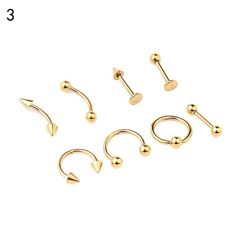 8Pcs Mixed Style Lip Tongue Eyebrow Nose Ring Barbell Body Piercing Jewelry