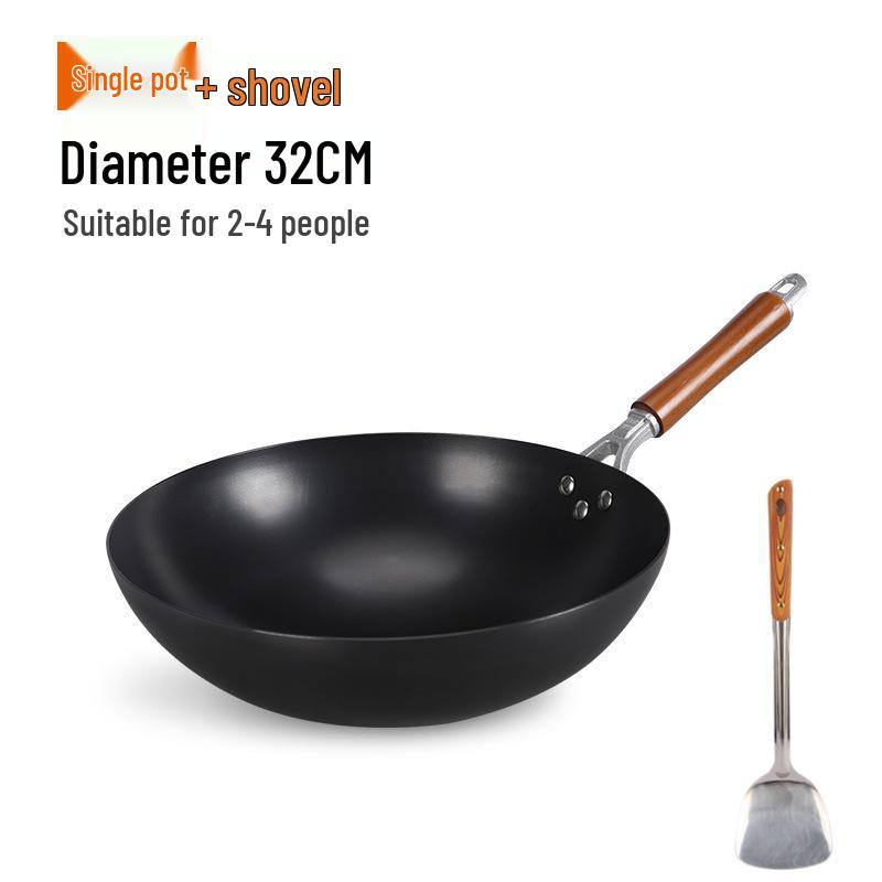 Old-Fashioned Non-Coated Cast Iron Wok, Round Bottom, Non-Slip, Non-Stick, Gas Stove Compatible, Nitrided Fine Iron.