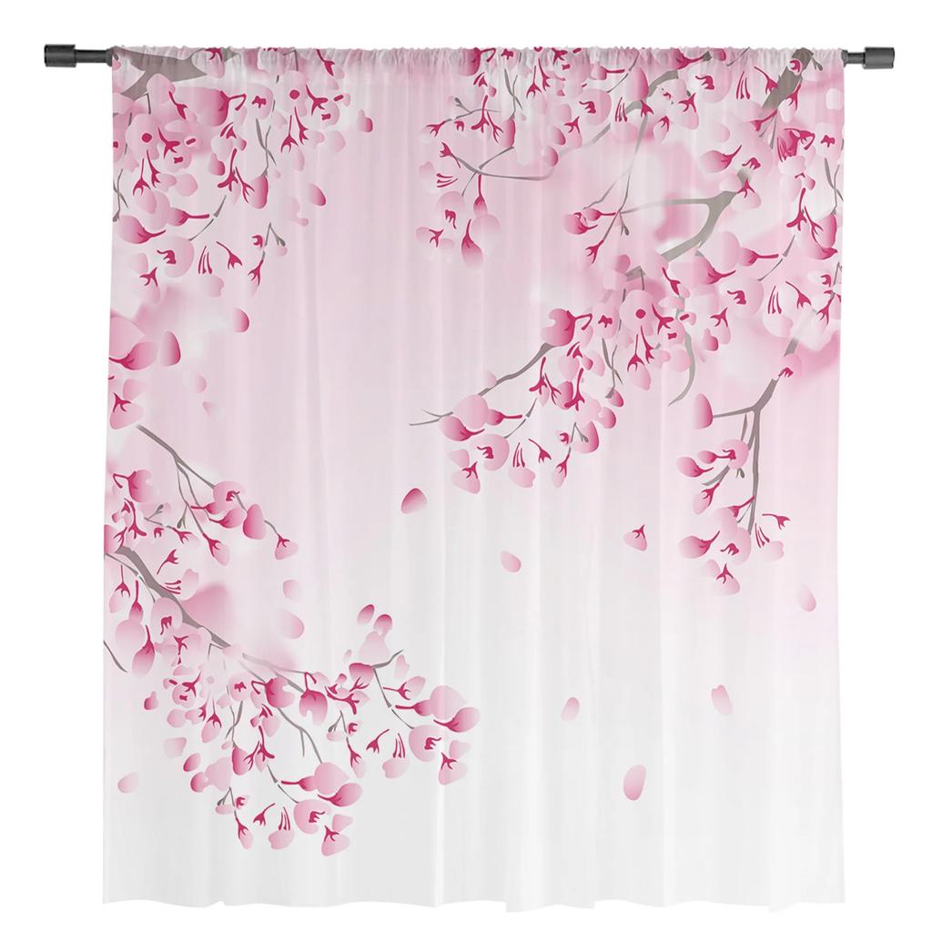 Japanese Style Sakura Cherry Blossom Pink Flower Tulle Curtains Living Room Kitchen Window Decoration Voile Sheer Curtain