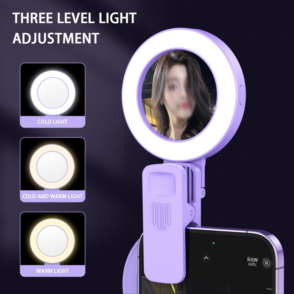 Clip-on Selfie Ring Light,200mAh Rechargeable Selfie Light Clip Video Light with Mirror,Portable Selfie Lamp for Phone Camera
