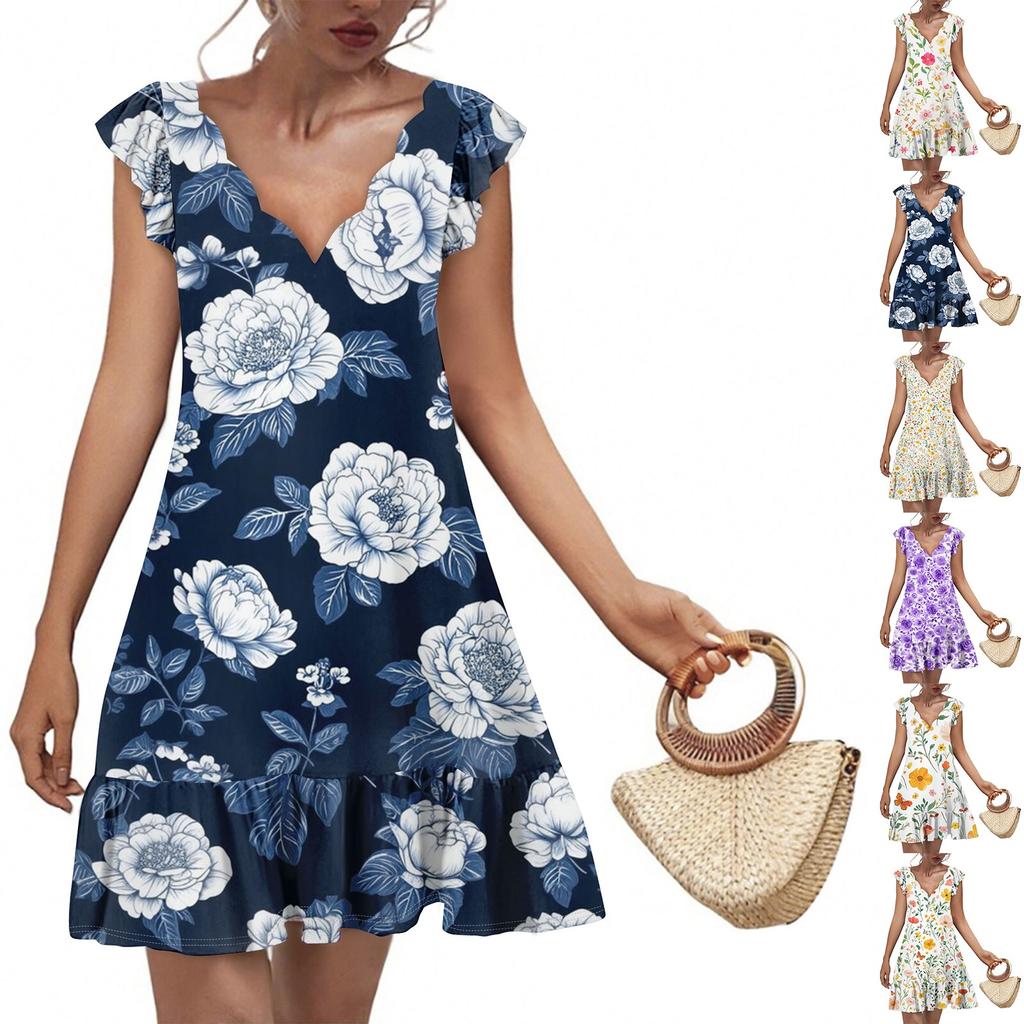 Women's Fashion Casual V Neck Wavy Edge Floral Print Short Sleeve Dress