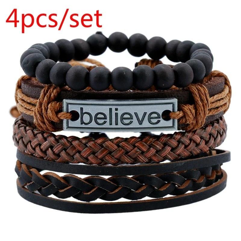 4 PCS/Set Hand Woven Leather Bracelet Wooden Bead Set Bracelet Letter Believe Vintage Accessories Gift