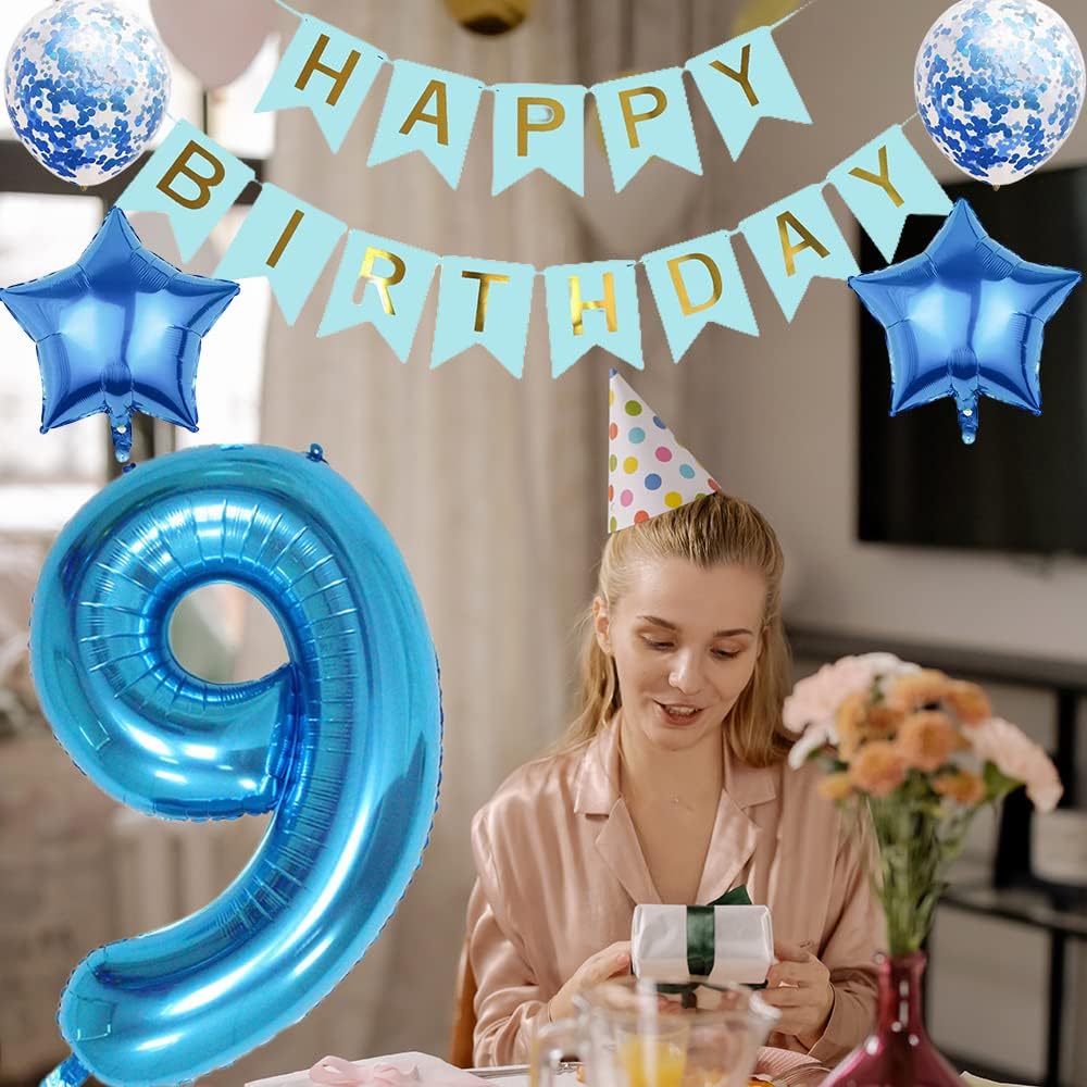 Balloons,12pcs 9th Birthday Party Balloon Decorations Happy Birthday Banner Number 9 Balloon Star Foil Balloon Helium Blue Confetti Balloon Perfect