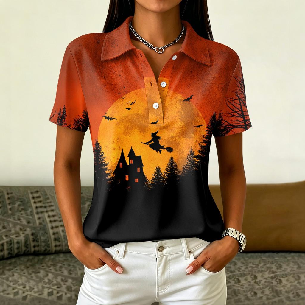 Women's Casual Button Down Short Sleeve Blouse with Halloween Print Lapel