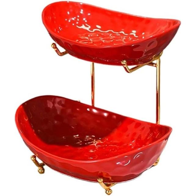 Fruit Plate Fruit Bowl Basket for Kitchen Counter, Multi-layer Ceramic Serving Bowls with Metal Stand, Red Tiered Fruit Basket for Fruit, Vegetable,